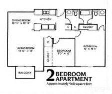 Floor plan for 2 beds, 1.5 baths, 968 sqft
