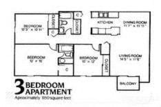 Floor plan for 3 beds, 2 baths, 1160 sqft