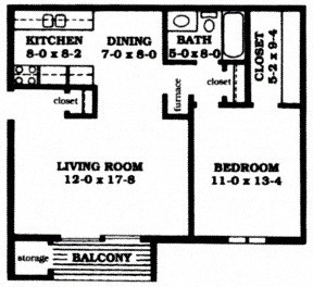 Floor plan for 1 bed, 1 bath, 670 sqft