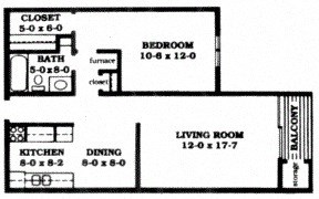 Floor plan for 1 bed, 1 bath, 700 sqft