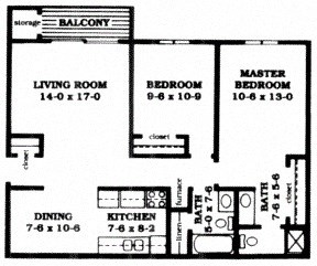 Floor plan for 2 beds, 1.5 baths, 870 sqft