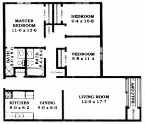 Floor plan for 3 beds, 1.5 baths, 960 sqft
