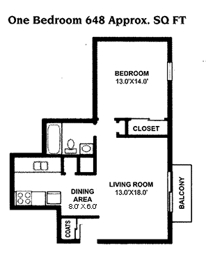 Floor plan for 1 bed, 1 bath, 648 sqft
