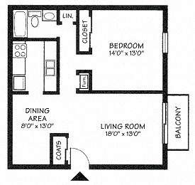 Floor plan for 1 bed, 1 bath, 775 sqft