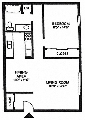 Floor plan for 1 bed, 1 bath, 782 sqft