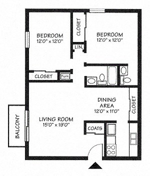 Floor plan for 2 beds, 1 bath, 1008 sqft