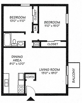 Floor plan for 2 beds, 1 bath, 936 sqft