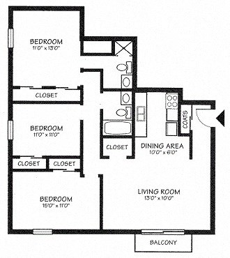Floor plan for 3 beds, 2 baths, 1200 sqft