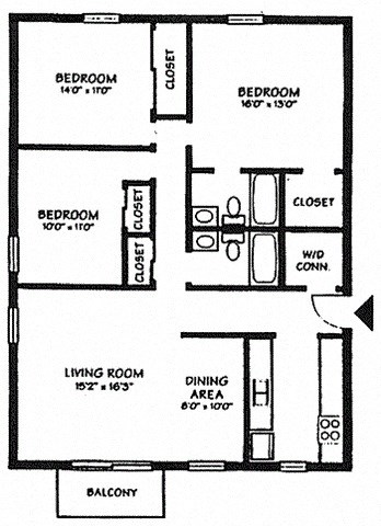 Floor plan for 3 beds, 2 baths, 1485 sqft