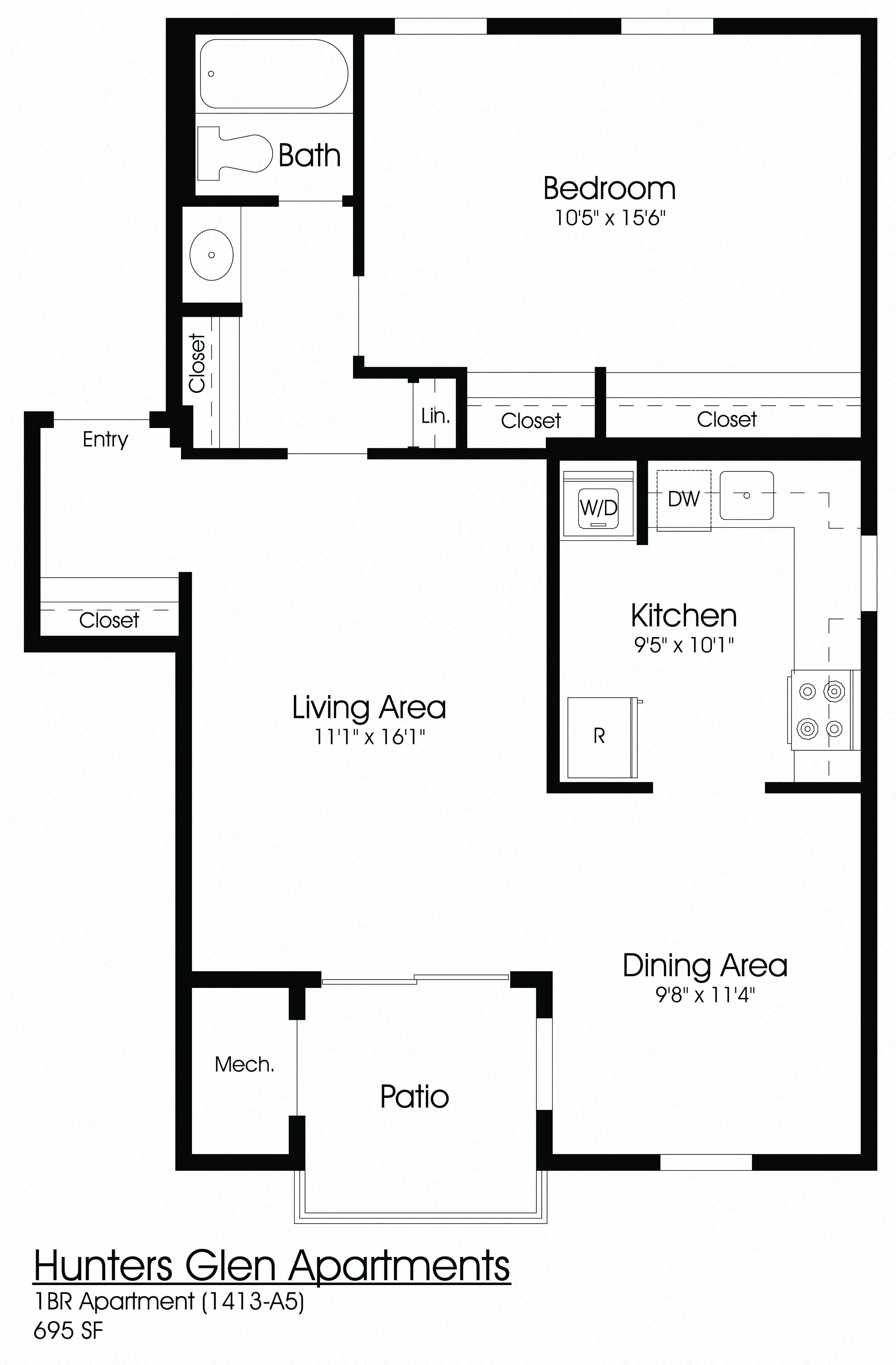 Floor plan for 1 bed, 1 bath, 695 sqft