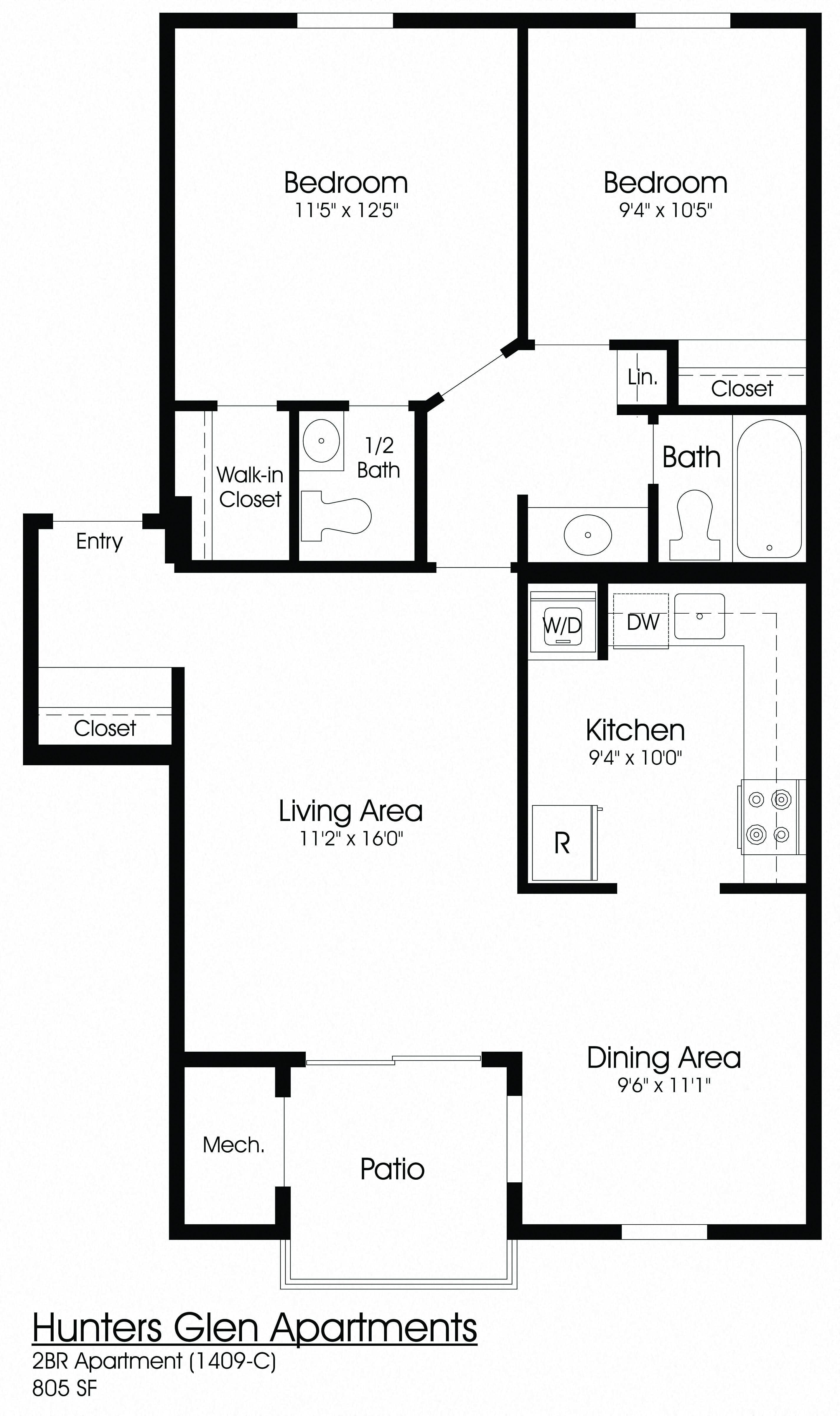 Floor plan for 2 beds, 1.5 baths, 805 sqft