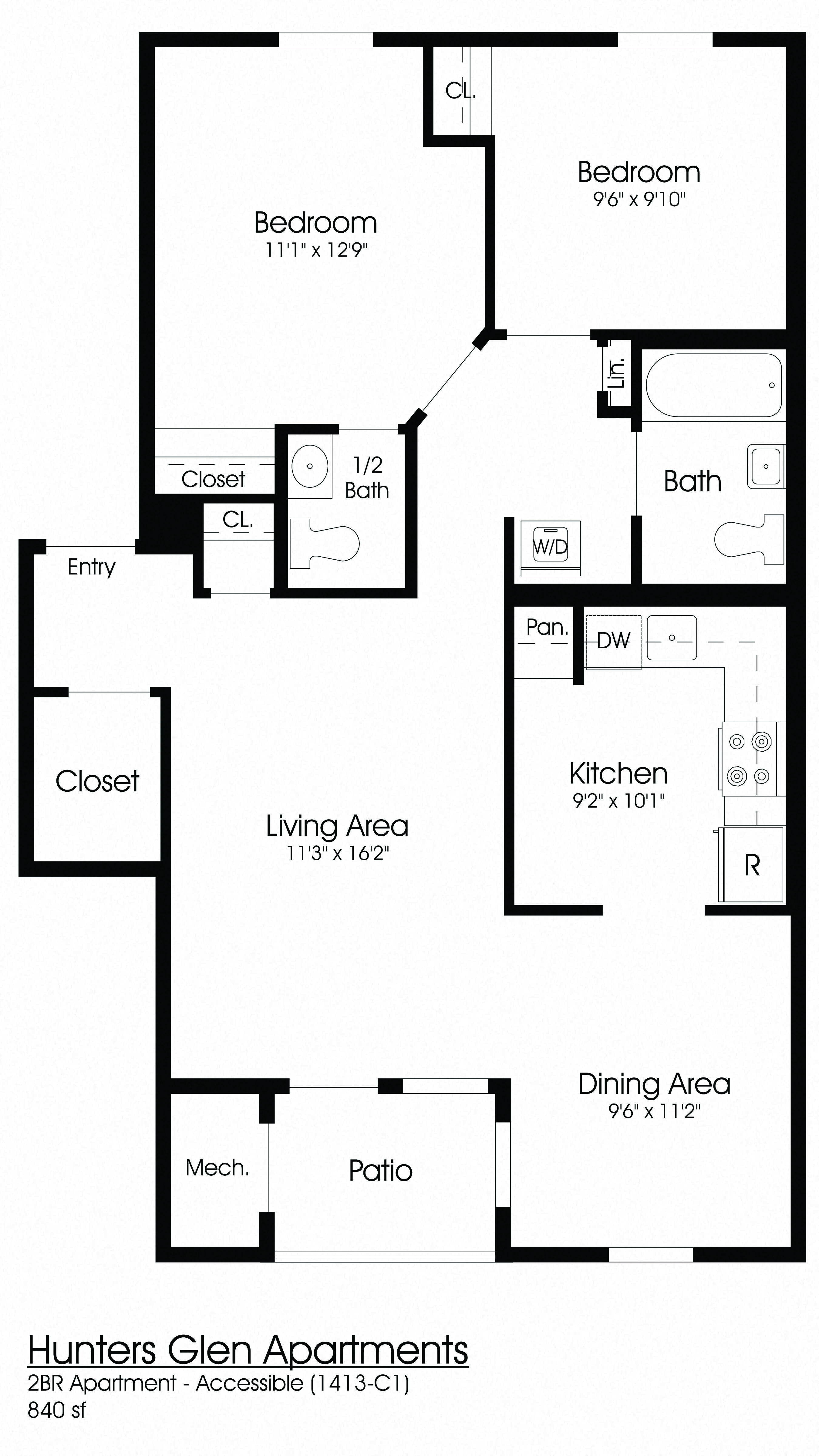Floor plan for 2 beds, 1.5 baths, 840 sqft