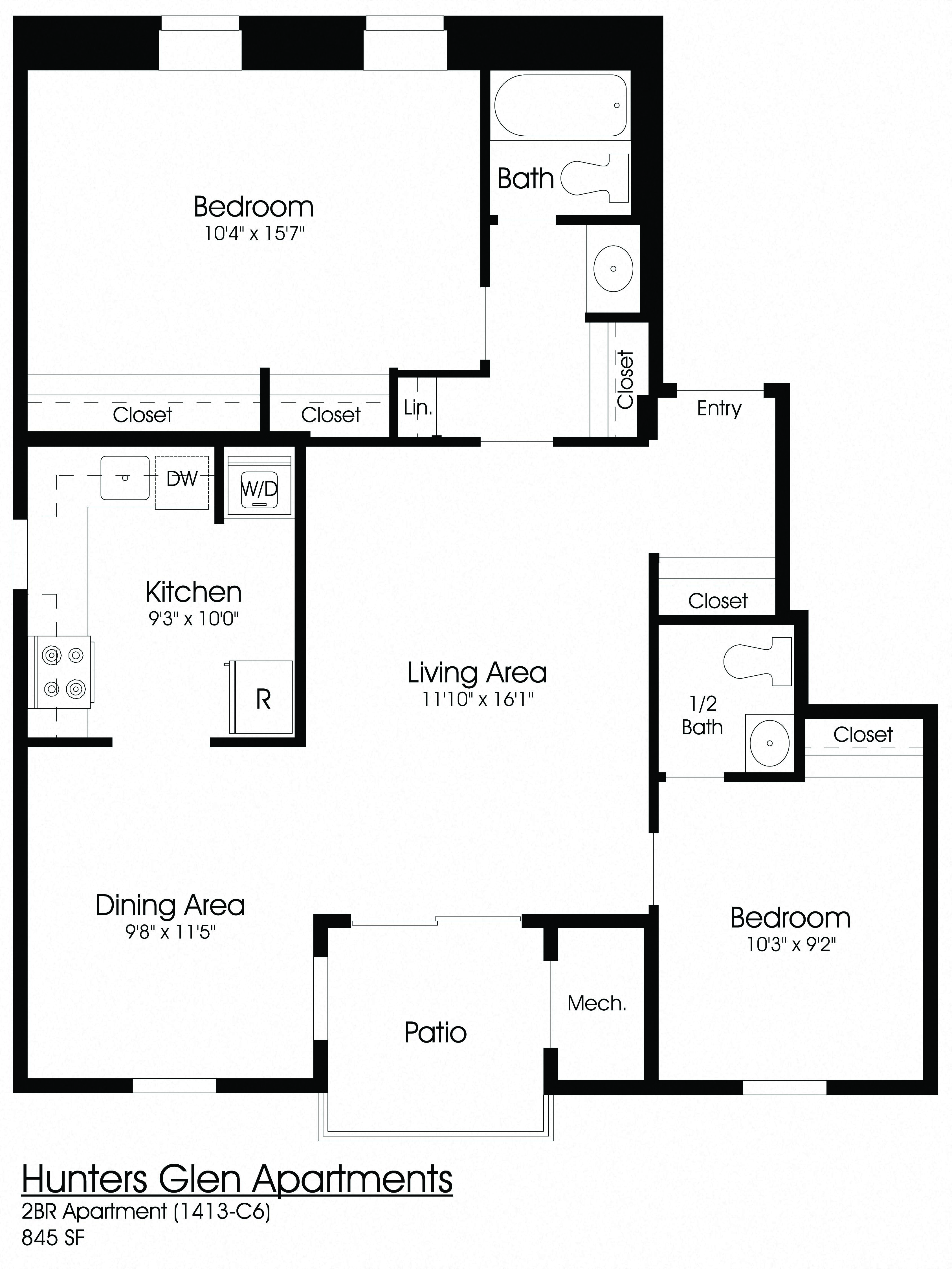Floor plan for 2 beds, 1.5 baths, 845 sqft