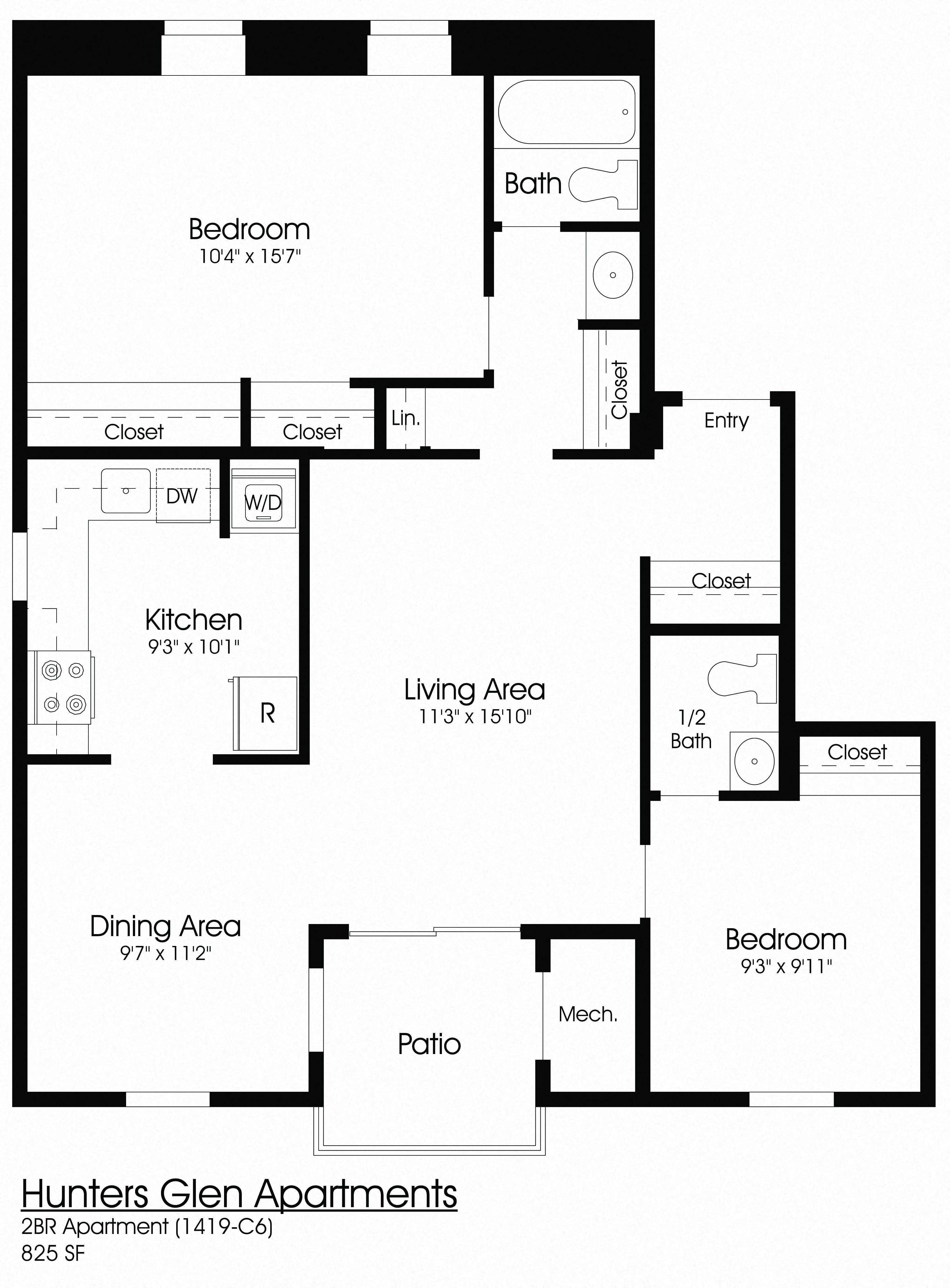 Floor plan for 2 beds, 1.5 baths, 825 sqft
