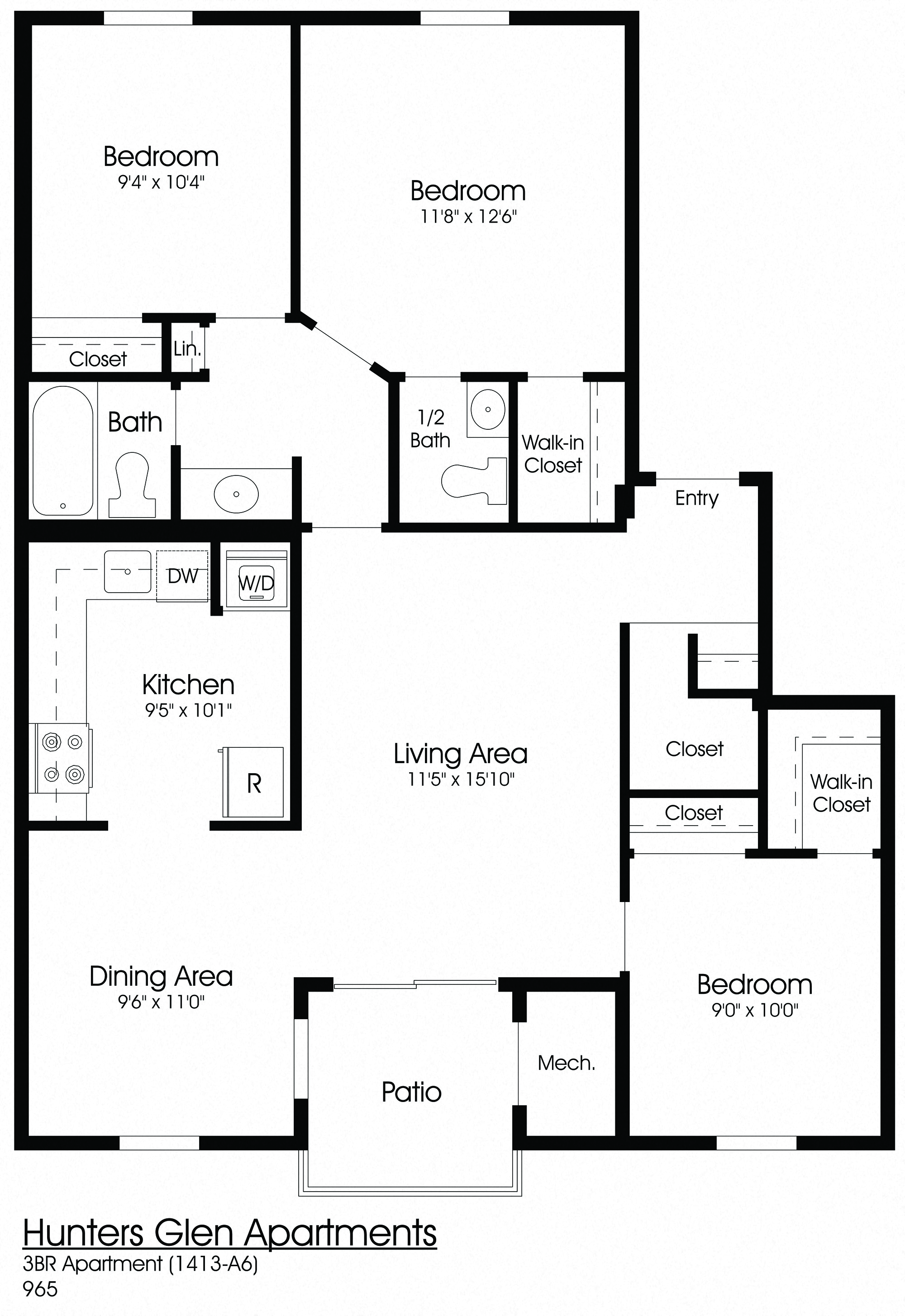 Floor plan for 3 beds, 1.5 baths, 965 sqft