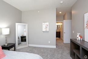 Lincoln apartment for rent - a bedroom with a bed and a mirror and a hallway to a bathroom