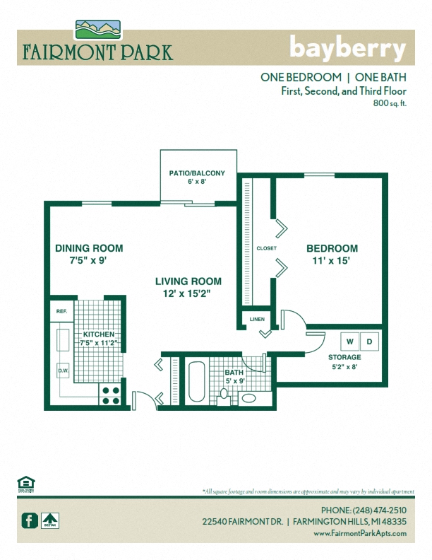 Floor plan for 1 bed, 1 bath, 800 sqft