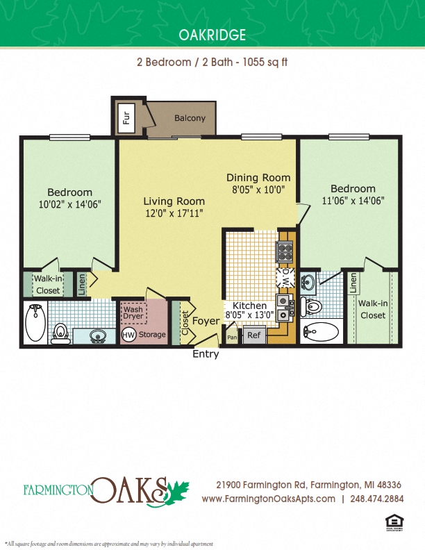 Floor plan for 2 beds, 2 baths, 1055 sqft