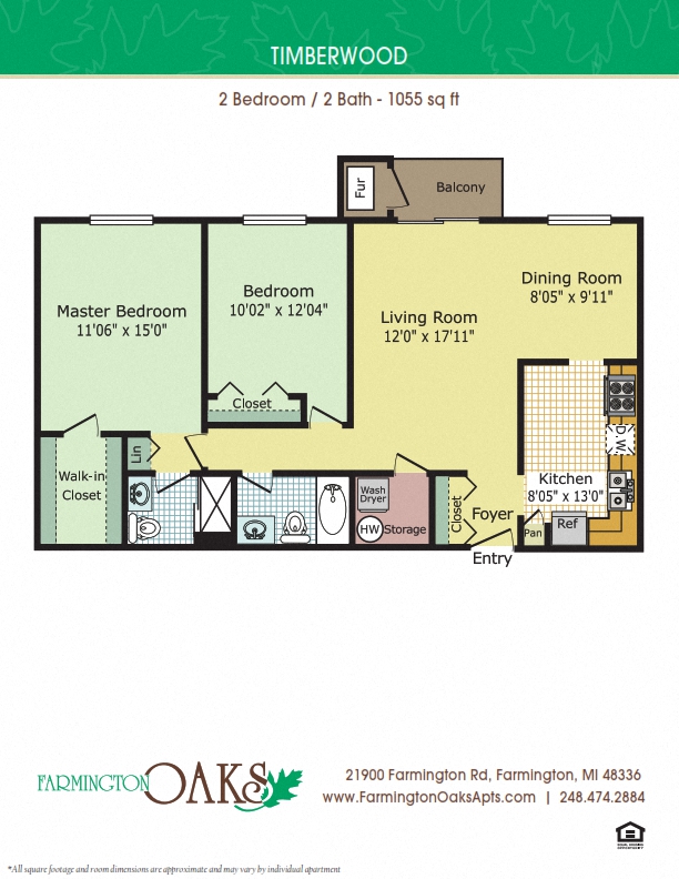 Floor plan for 2 beds, 2 baths, 1055 sqft