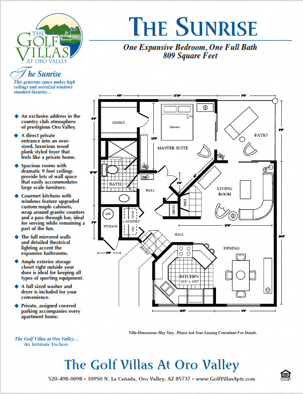 Floor plan for 1 bed, 1 bath, 809 sqft