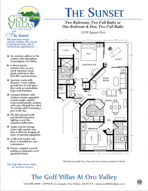 Floor plan for 2 beds, 2 baths, 1039 sqft