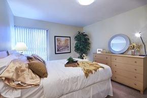 Farmington apartment for rent - a bedroom with a bed and a dresser with a mirror on it