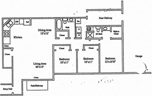 Floor plan for 3 beds, 2 baths, 1600 sqft