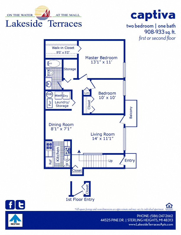 Floor plan for 2 beds, 1 bath, 933 sqft