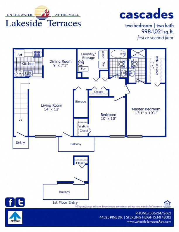 Floor plan for 2 beds, 2 baths, 1021 sqft