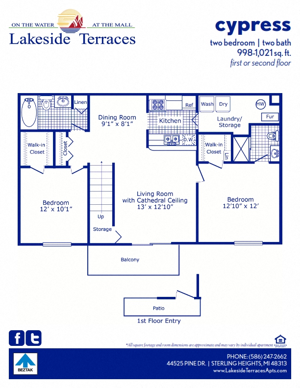 Floor plan for 2 beds, 2 baths, 1021 sqft