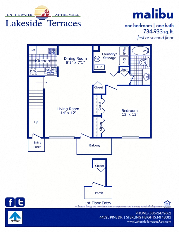 Floor plan for 1 bed, 1 bath, 772 sqft