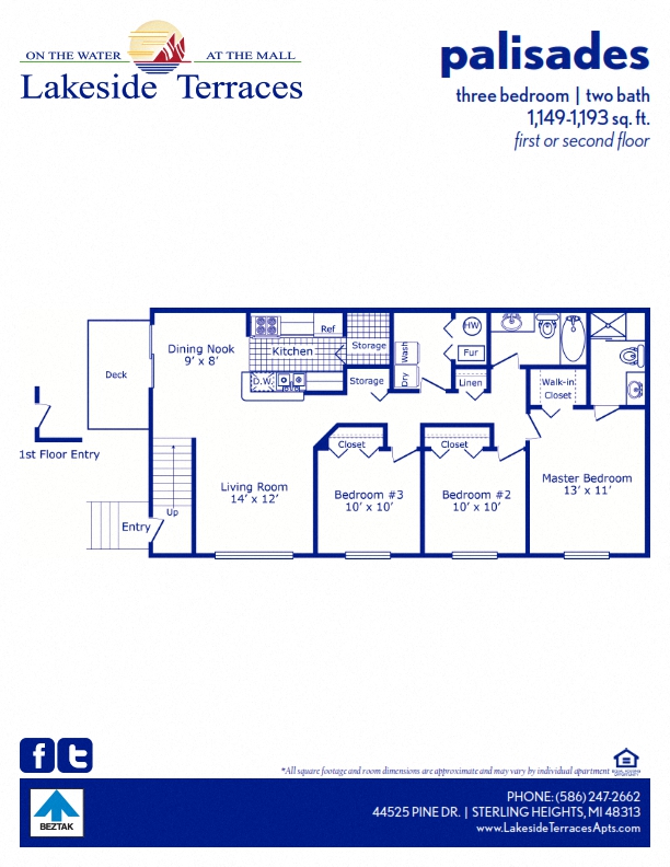 Floor plan for 3 beds, 2 baths, 1244 sqft