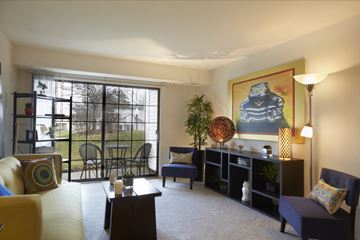 Farmington Hills apartment for rent - A living room with a yellow couch, a blue couch, a wooden coffee table, a side table with a lamp, a potted plant, and a painting on the wall.