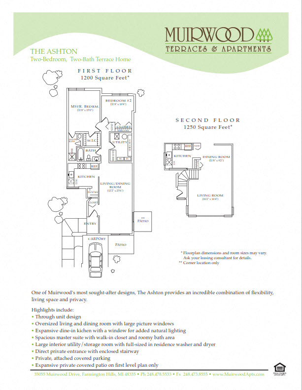 Floor plan for 2 beds, 2 baths, 1250 sqft