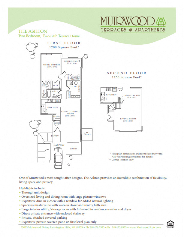 Floor plan for 2 beds, 2 baths, 1250 sqft