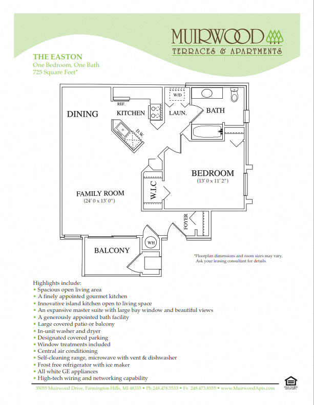 Floor plan for 1 bed, 1 bath, 724 sqft