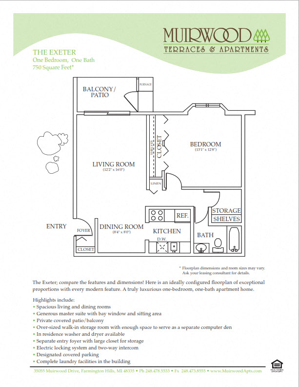 Floor plan for 1 bed, 1 bath, 725 sqft