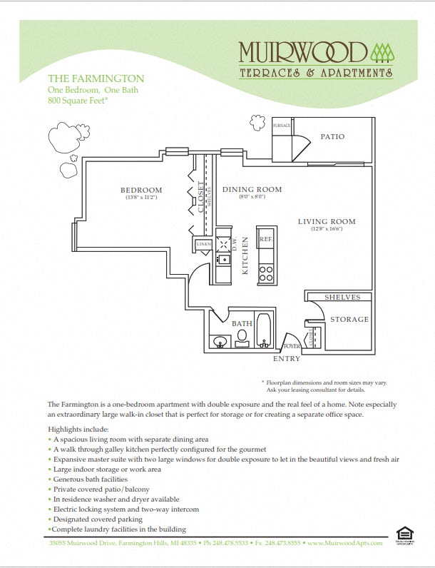 Floor plan for 1 bed, 1 bath, 780 sqft