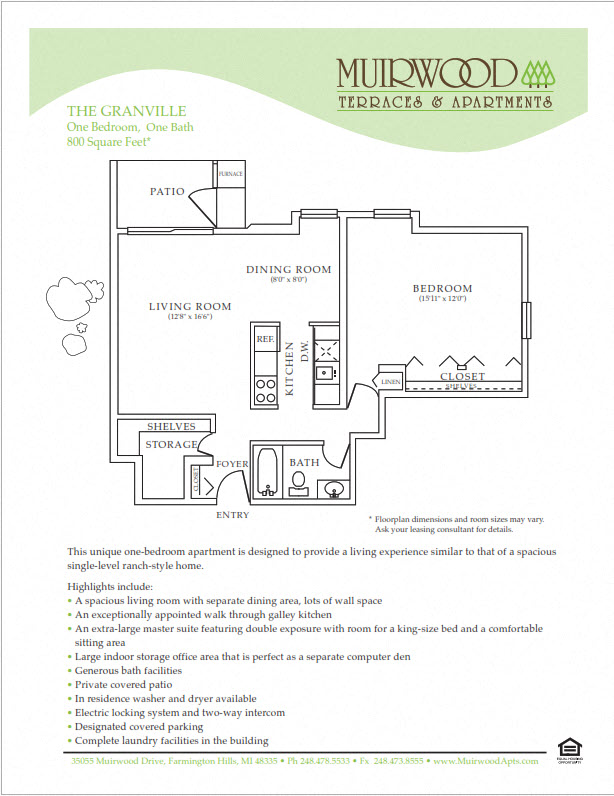Floor plan for 1 bed, 1 bath, 785 sqft