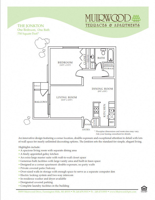 Floor plan for 1 bed, 1 bath, 700 sqft