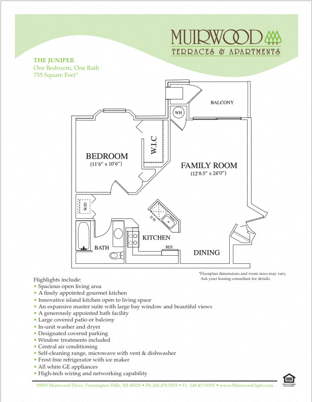 Floor plan for 1 bed, 1 bath, 755 sqft