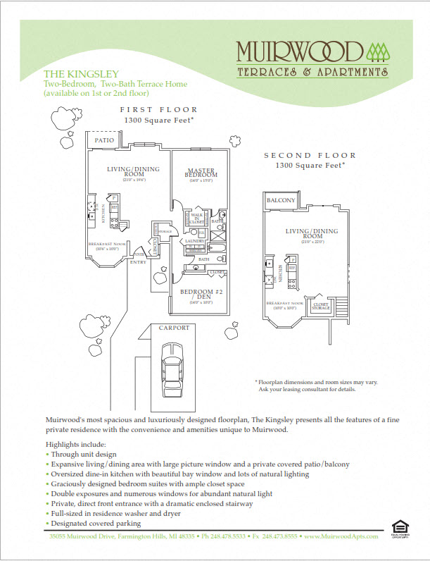 Floor plan for 2 beds, 2 baths, 1305 sqft