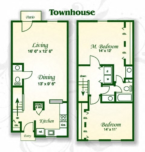 Floor plan for 2 beds, 1.5 baths, 1154 sqft