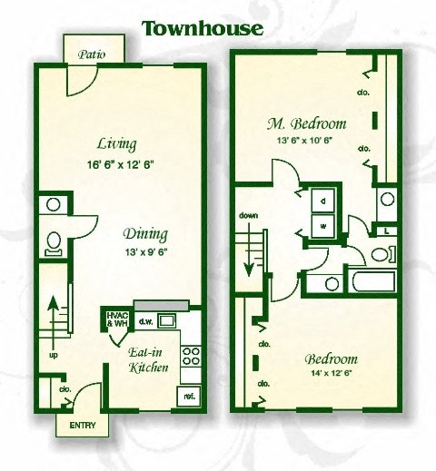 Floor plan for 2 beds, 1.5 baths, 1181 sqft