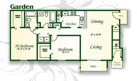 Floor plan for 2 beds, 2 baths, 1086 sqft