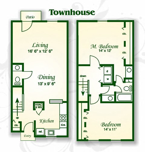 Floor plan for 2 beds, 1.5 baths, 1154 sqft