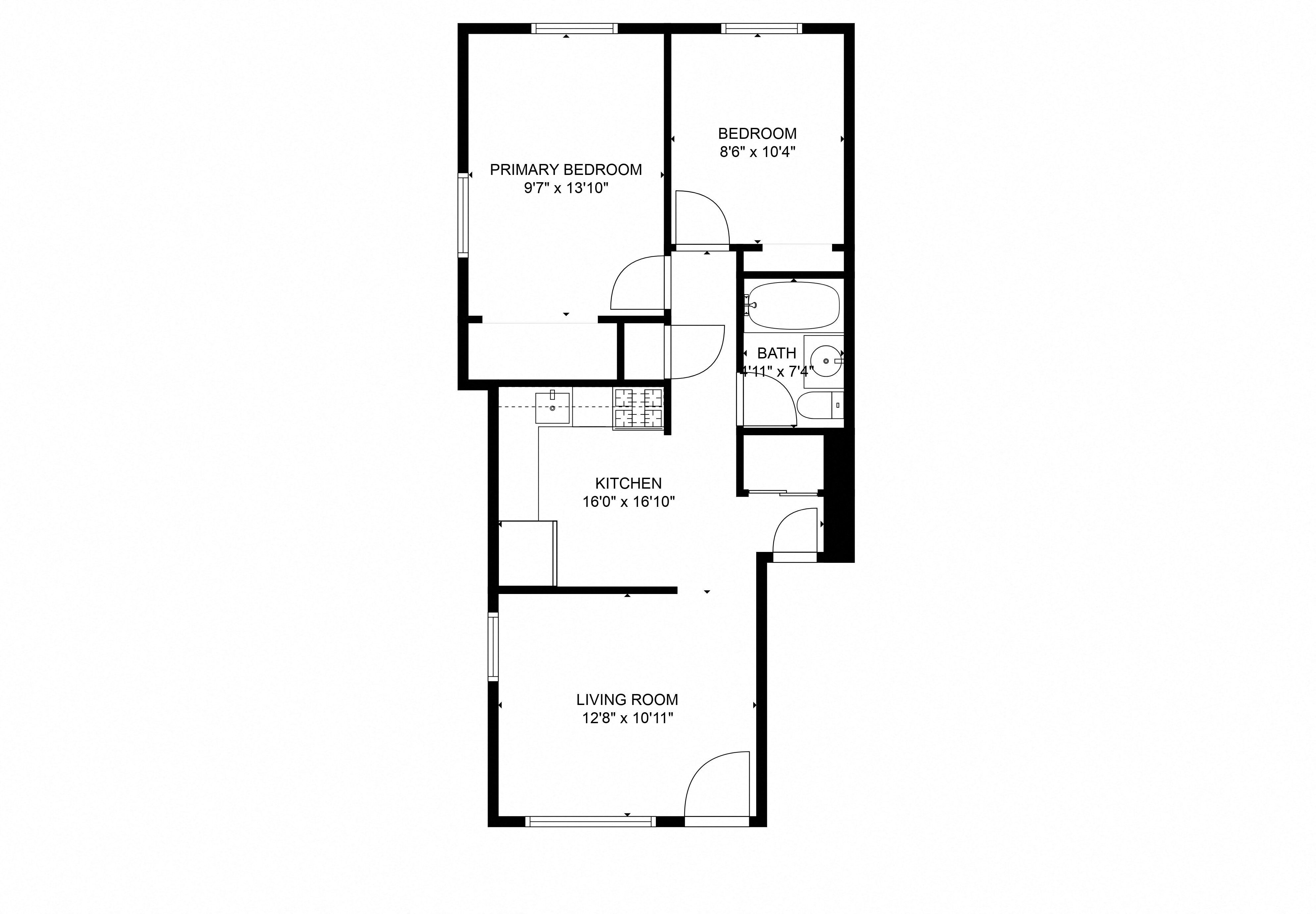 Floor plan for 2 beds, 1 bath, 670 sqft