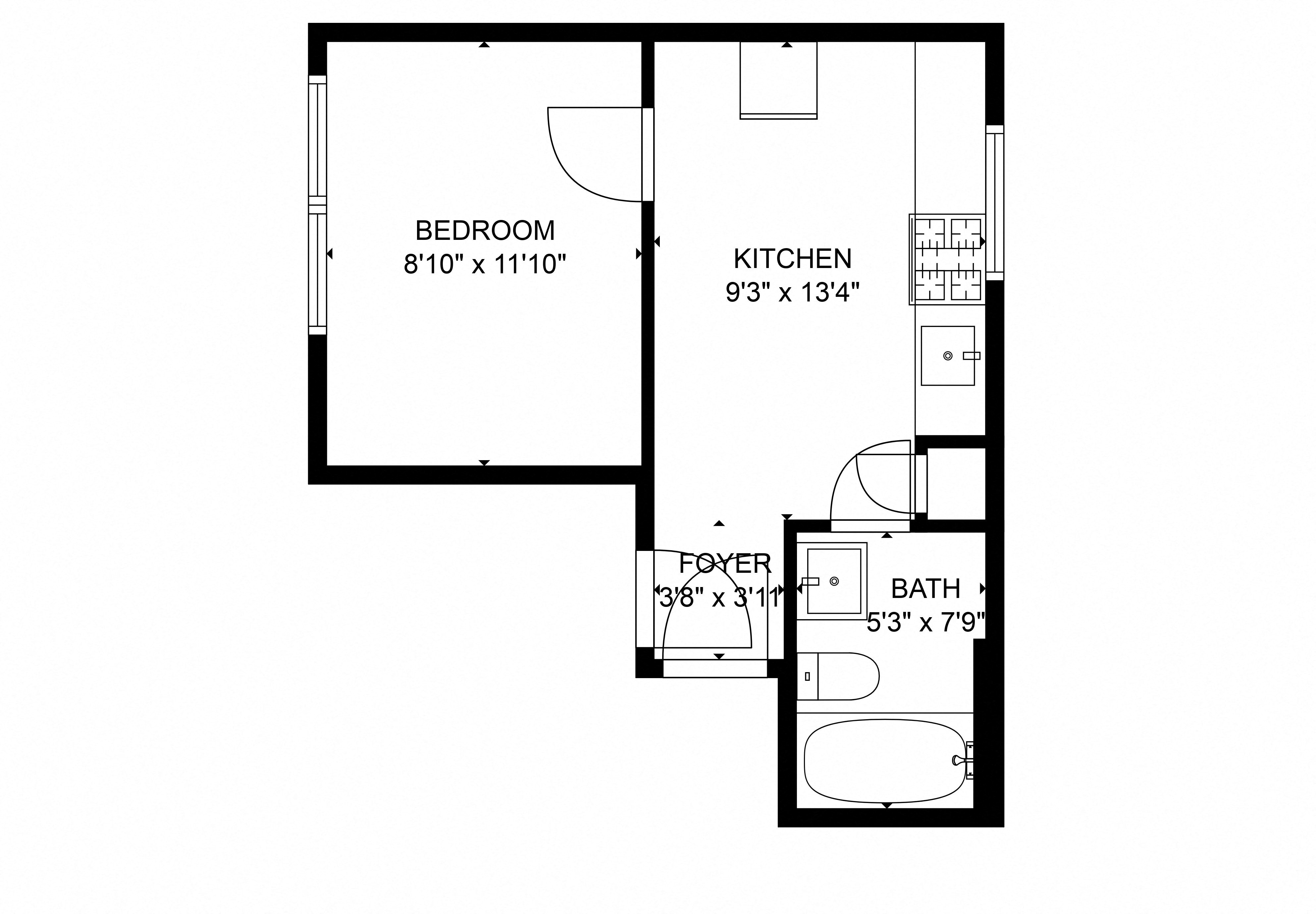 Floor plan for studio, 1 bath, 410 sqft