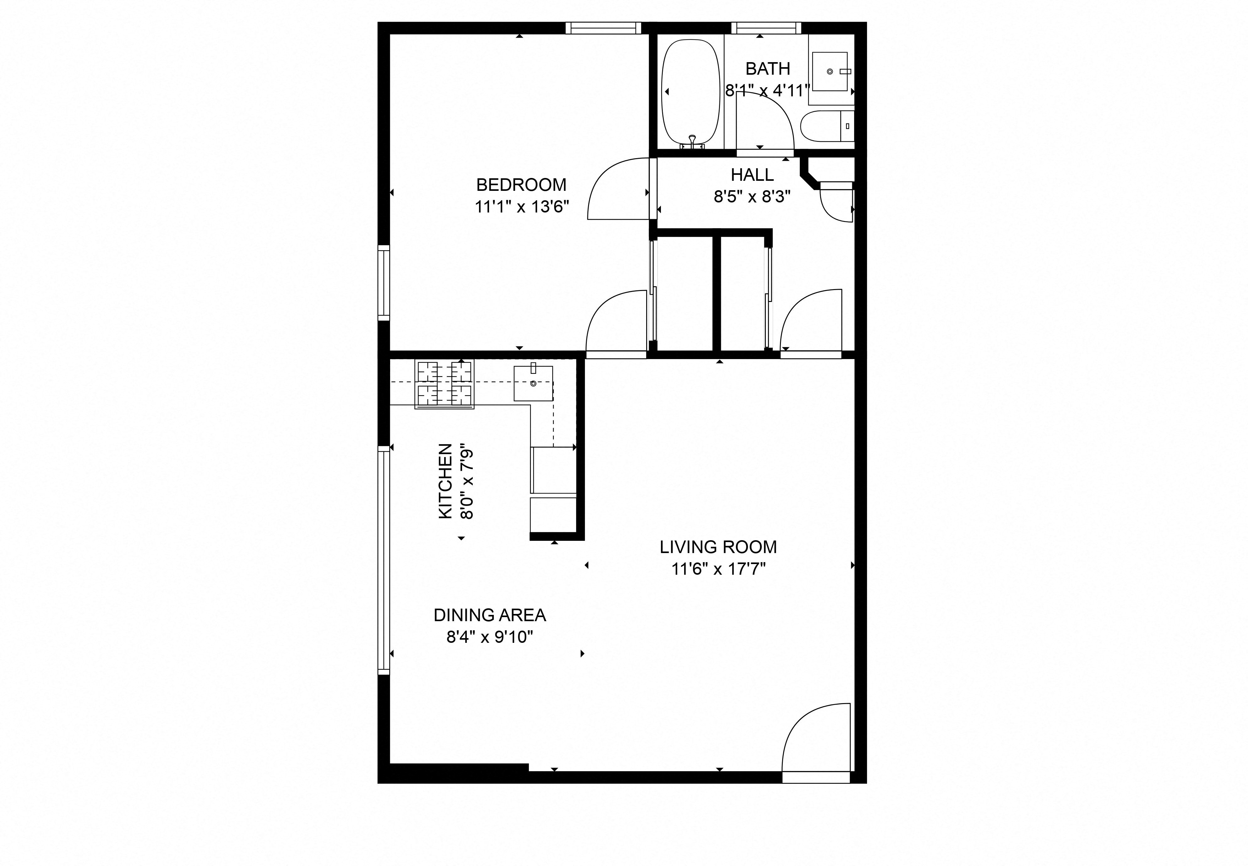 Floor plan for 1 bed, 1 bath, 620 sqft