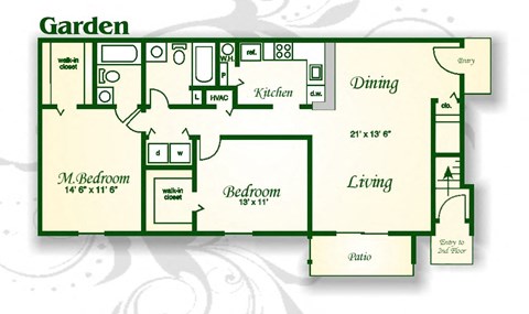 Floor plan for 2 beds, 2 baths, 1086 sqft